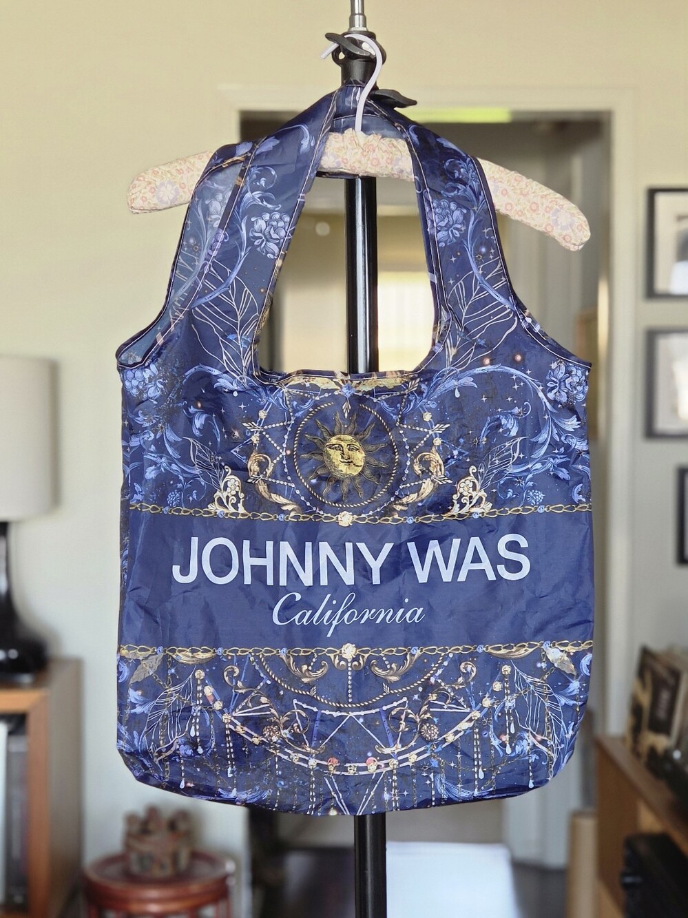 Johnny Was Navy and Gold Celestial Nylon Tote Bag